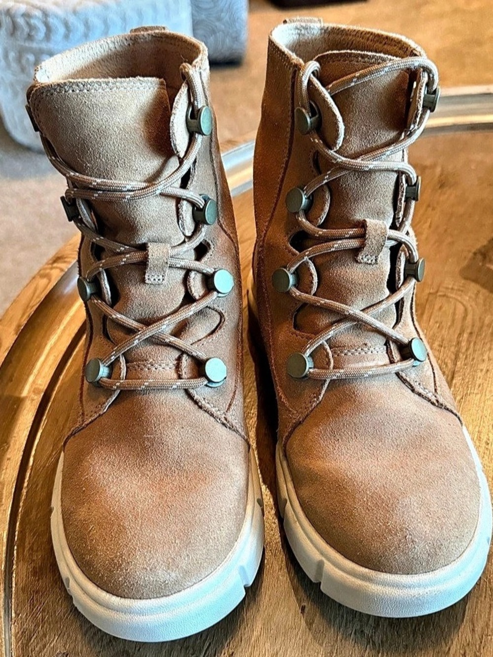 SOREL Explorer III Joan Waterproof Suede Boots Tawny Buff / Chalk Size 6